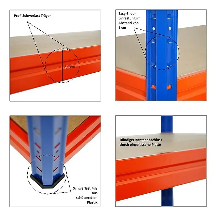Proregal Schwerlastregal Mega Deal DINO - H x B x T: 180 x 200 x 60 cm, Traglast pro Boden: 500 kg, Anzahl Böden: 4 Stk., Stecken, Orange - Produktansicht eines Schwerlastregals mit Detailansichten der Konstruktion, einschließlich Träger, Verankerung und Fuß.