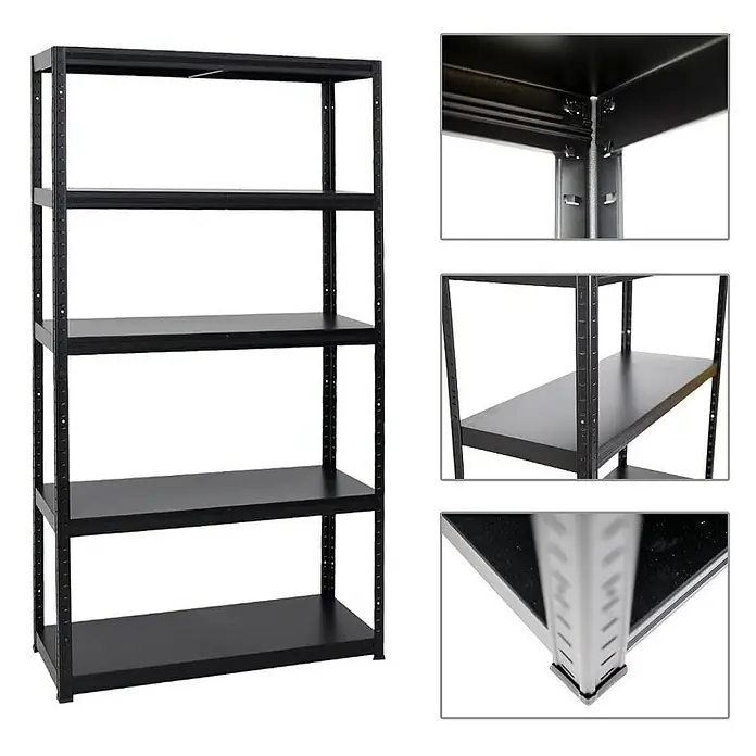 Proregal Metallregal Mega Deal Steel Eagle - Traglast pro Boden: 130 kg, Anzahl Böden: 5 Stk., Stecken, Schwarz - Abbildung eines schwarzen Metallregals mit fünf Regalböden, ideal für Lagerung und Organisation.