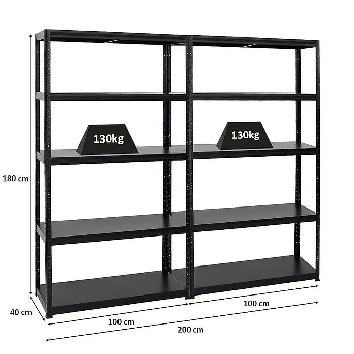 Proregal Metallregal Mega Deal Steel Eagle - Traglast pro Boden: 130 kg, Anzahl Böden: 5 Stk., Stecken, Schwarz - Bild eines schwarzen Metallregals mit fünf Ebenen, das jeweils 130 kg tragen kann. Die Abmessungen sind 200 cm breit, 180 cm hoch und 40 cm tief.