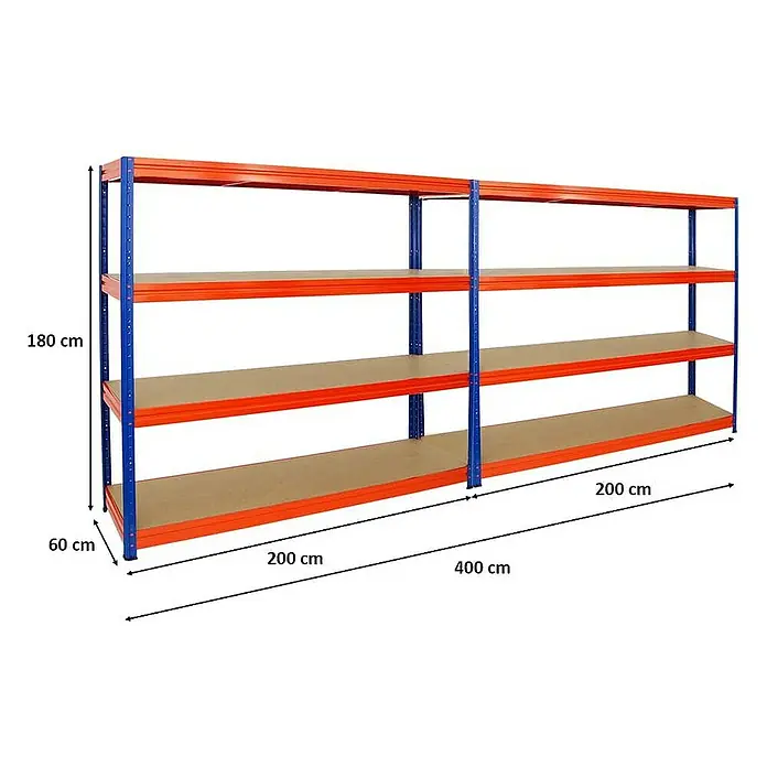 Proregal Schwerlastregal Mega Deal DINO - H x B x T: 180 x 200 x 60 cm, Traglast pro Boden: 500 kg, Anzahl Böden: 4 Stk., Stecken, Orange - Abbildung eines Schwerlastregals mit 4 Regalböden. Die Höhe beträgt 180 cm, die Breite 400 cm und die Tiefe 60 cm.