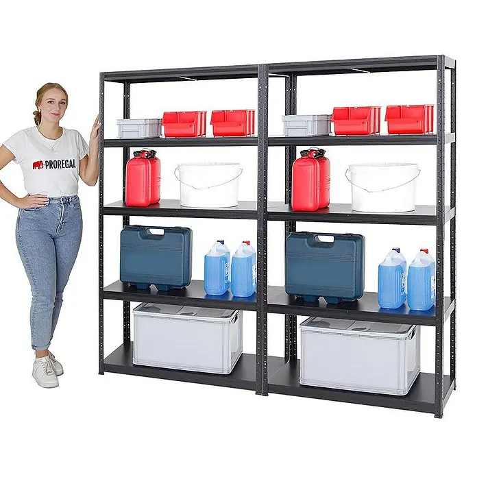 Proregal Metallregal Mega Deal Steel Eagle - Traglast pro Boden: 130 kg, Anzahl Böden: 5 Stk., Stecken, Schwarz - Regalsystem aus Metall mit fünf Ebenen und verschiedenen Behältern, ideal für Lagerung und Organisation.