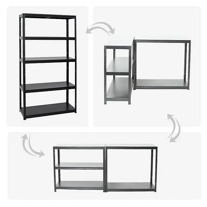 Proregal Metallregal Mega Deal Steel Eagle - Traglast pro Boden: 130 kg, Anzahl Böden: 5 Stk., Stecken, Schwarz - Bild eines vielseitigen Metallregalsystems, das verschiedene Konfigurationen für Lagerzwecke zeigt.