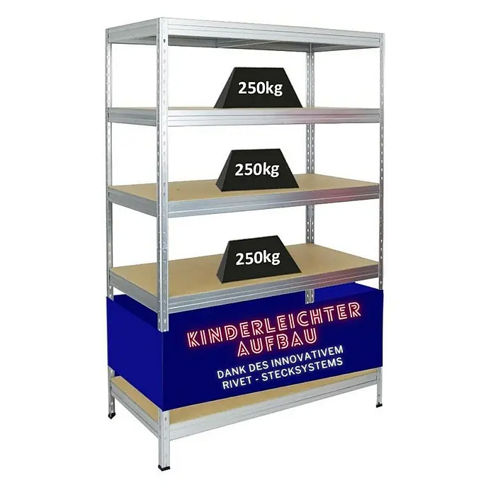 Proregal Schwerlastregal Rivet - Traglast pro Boden: 250 kg, Anzahl Böden: 5 Stk., Stecken, Verzinkt - Der robuste Metallregal mit vier Ebenen, jede belastbar bis 250 kg, ideal für Lagerung und Organisation, ist mit einer blauen Frontblende versehen.