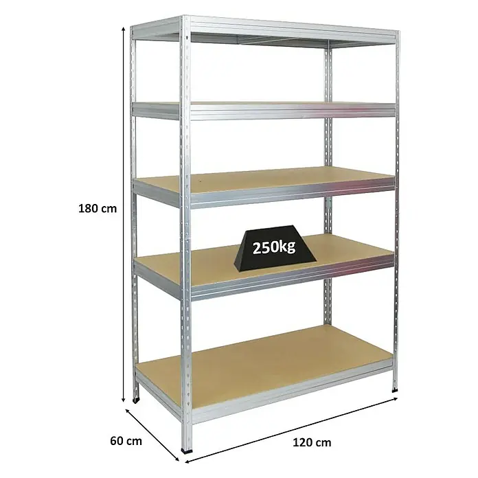 Proregal Schwerlastregal Rivet - Traglast pro Boden: 250 kg, Anzahl Böden: 5 Stk., Stecken, Verzinkt - Ein stabiles Metallregal mit fünf Regalböden und einer Belastbarkeit von bis zu 250 kg. Ideal für Lager und Werkstatt.
