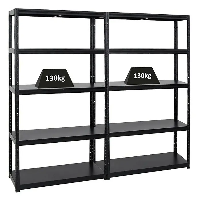 Proregal Metallregal Mega Deal Steel Eagle - Traglast pro Boden: 130 kg, Anzahl Böden: 5 Stk., Stecken, Schwarz - Zwei schwarze Metallregale mit je fünf Böden, auf einer Ablage pro Regal steht ein Gewicht mit der Aufschrift „130kg“.