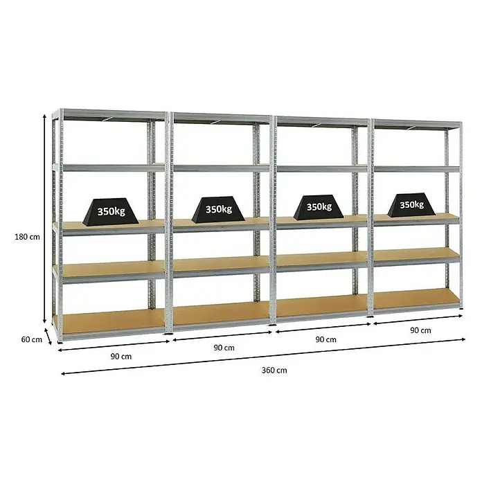 Proregal Schwerlastregal Mega Deal Slim Elephant M - H x B x T: 180 x 90 x 60 cm, Traglast pro Boden: 350 kg, Anzahl Böden: 5 Stk., Stecken, Verzinkt - Metallregal mit vier Regalböden, belastet mit Gewichten, das die Höhe, Breite und Tiefe des Regals zeigt.