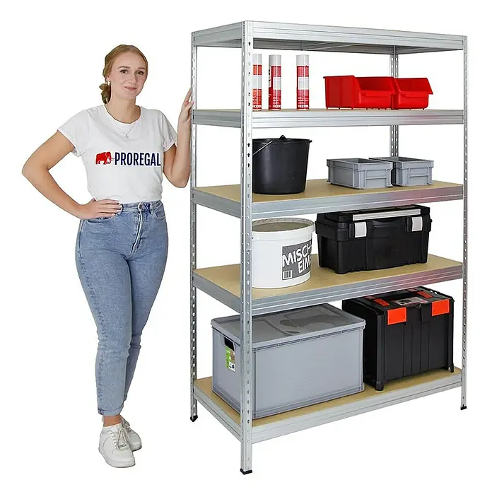 Proregal Schwerlastregal Rivet - Traglast pro Boden: 250 kg, Anzahl Böden: 5 Stk., Stecken, Verzinkt - Regal mit fünf Ebenen und Aufbewahrungsbehältern in verschiedenen Größen, neben dem eine Frau steht.