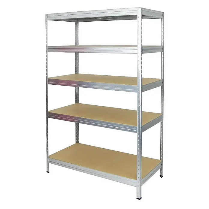 Proregal Schwerlastregal Rivet - Traglast pro Boden: 250 kg, Anzahl Böden: 5 Stk., Stecken, Verzinkt - Ein silbernes Metallregal mit fünf Regalböden und einem einfachen Design, ideal für Lagerung und Organisation.