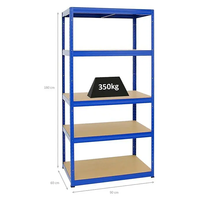 Proregal Schwerlastregal Slim Elephant M - H x B x T: 180 x 90 x 60 cm, Traglast pro Boden: 350 kg, Anzahl Böden: 5 Stk., Stecken, Blau - Ein blaues Regal mit fünf Böden und einem Gewicht von 350 kg auf der mittleren Ablage, das die Stabilität und Tragfähigkeit des Produkts hervorhebt.
