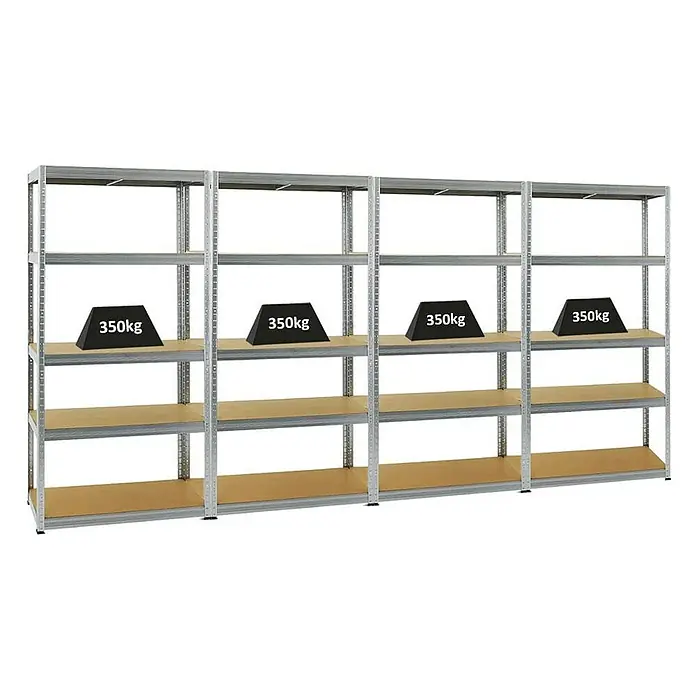 Proregal Schwerlastregal Mega Deal Slim Elephant M - H x B x T: 180 x 90 x 60 cm, Traglast pro Boden: 350 kg, Anzahl Böden: 5 Stk., Stecken, Verzinkt - Bild eines Metallregals mit vier Ebenen, wobei eine Ebene mit einem Gewicht von 350 kg belastet ist. Ideal für Lagerung und Organisation.