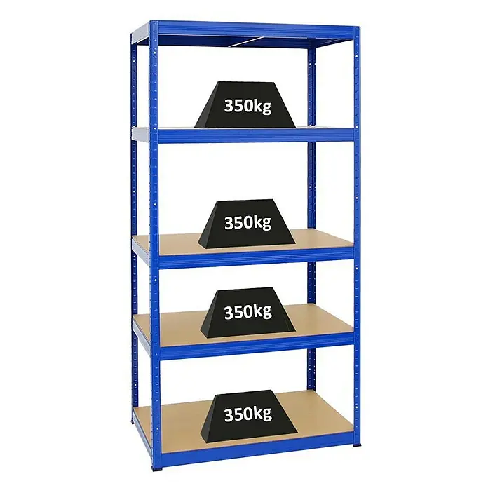 Proregal Schwerlastregal Slim Elephant M - H x B x T: 180 x 90 x 60 cm, Traglast pro Boden: 350 kg, Anzahl Böden: 5 Stk., Stecken, Blau - Ein Regal mit vier Ebenen, jede Ebene mit einer schweren Last von 350 kg beladen, ideal für Lagerung.