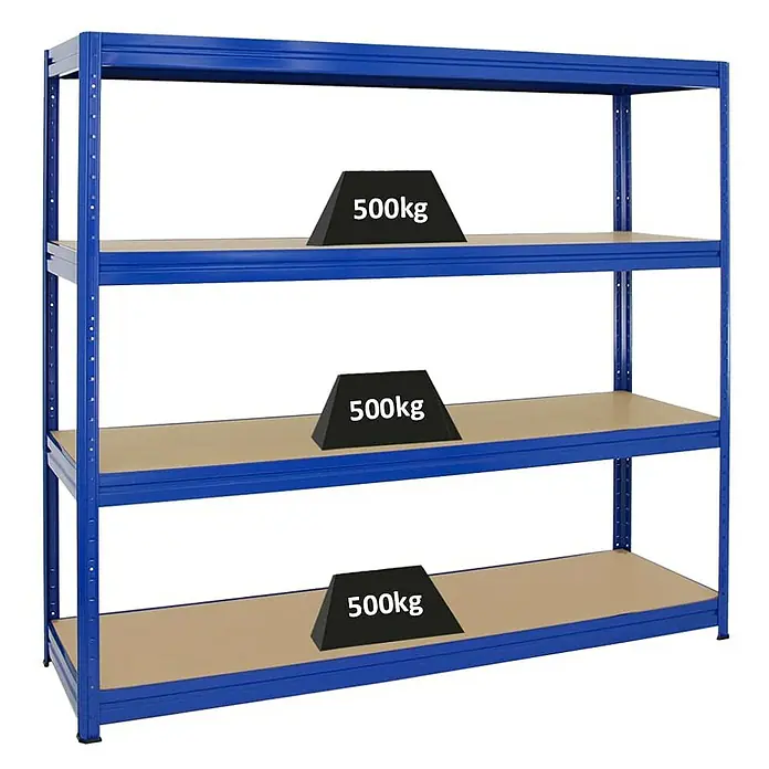 Proregal Schwerlastregal Mega Deal DINO - Traglast pro Boden: 600 kg, Anzahl Böden: 4 Stk., Stecken, Blau - Lagerregal mit vier Ebenen, jede Ebene mit einer Last von 500 kg belastet.