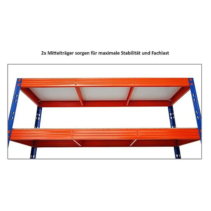 Proregal Schwerlastregal Mega Deal Profi RHINO - Traglast pro Boden: 500 kg, Anzahl Böden: 4 Stk., Stecken, Blau-Orange - Regale mit zwei Trägern für maximale Stabilität und Fachlast. Das Regalsystem bietet viel Stauraum.