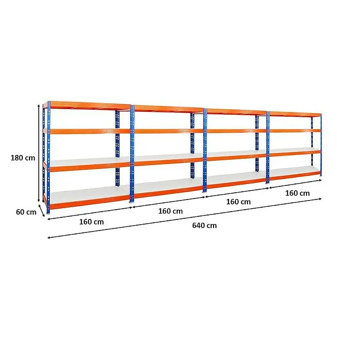 Proregal Schwerlastregal Mega Deal Profi RHINO - Traglast pro Boden: 500 kg, Anzahl Böden: 4 Stk., Stecken, Blau-Orange - Regal mit vier Abschnitten und drei Ebenen, ideal für Lagerung mit Abmessungen von 640 cm Länge und 180 cm Höhe.