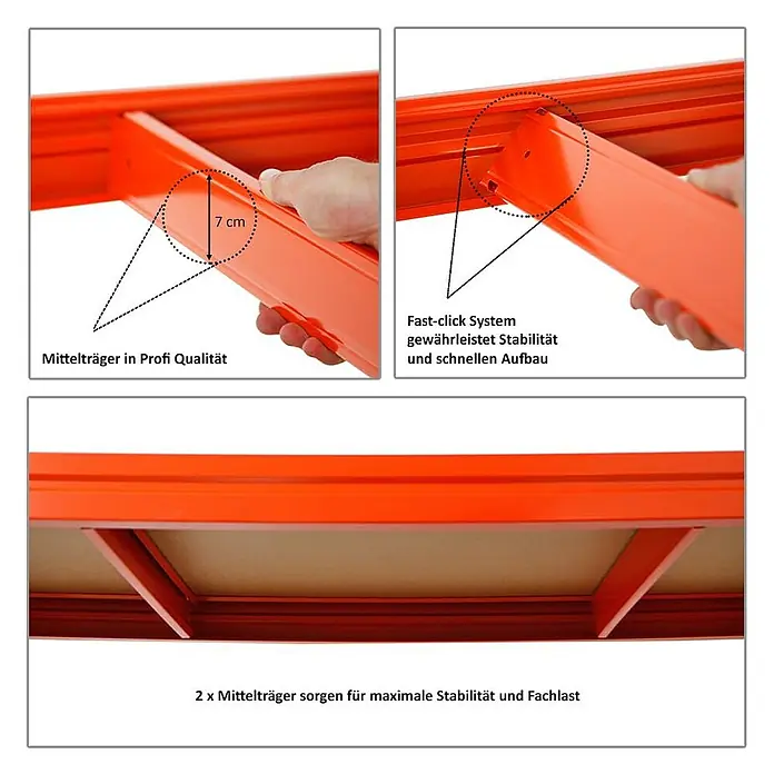 Proregal Schwerlastregal Mega Deal DINO - Traglast pro Boden: 500 kg, Anzahl Böden: 4 Stk., Stecken, Orange - Produktdetailaufnahme eines orangen Regalsystems mit Fokus auf das Fast-Click-System und die Mittelträger für Stabilität und Fachlast.