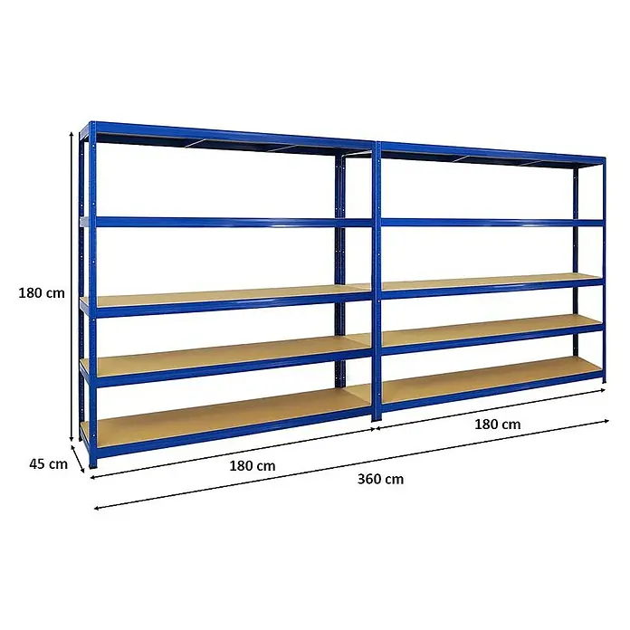 Proregal Schwerlastregal Mega Deal Giant Elephant - H x B x T: 180 x 180 x 45 cm, Traglast pro Boden: 200 kg, Anzahl Böden: 5 Stk., Stecken, Blau - Das Bild zeigt ein blaues Schwerlastregal mit fünf Regalböden und den Maßen 180 x 45 x 360 cm.