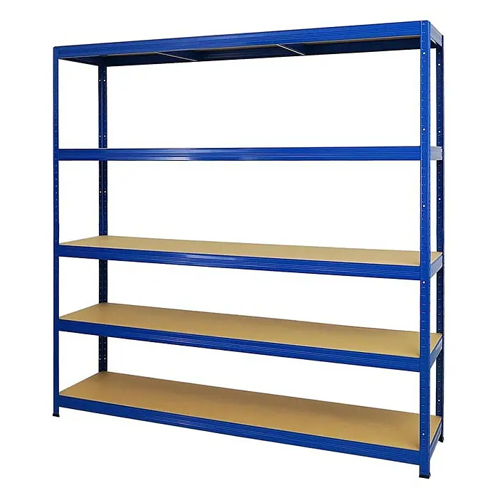 Proregal Schwerlastregal Mega Deal Giant Elephant - H x B x T: 180 x 180 x 45 cm, Traglast pro Boden: 200 kg, Anzahl Böden: 5 Stk., Stecken, Blau - Aufnahme des Regalsystems mit blauen Metallrahmen und Holzregalen. Perfekt für Lagerung und Organisation in Garage oder Keller.