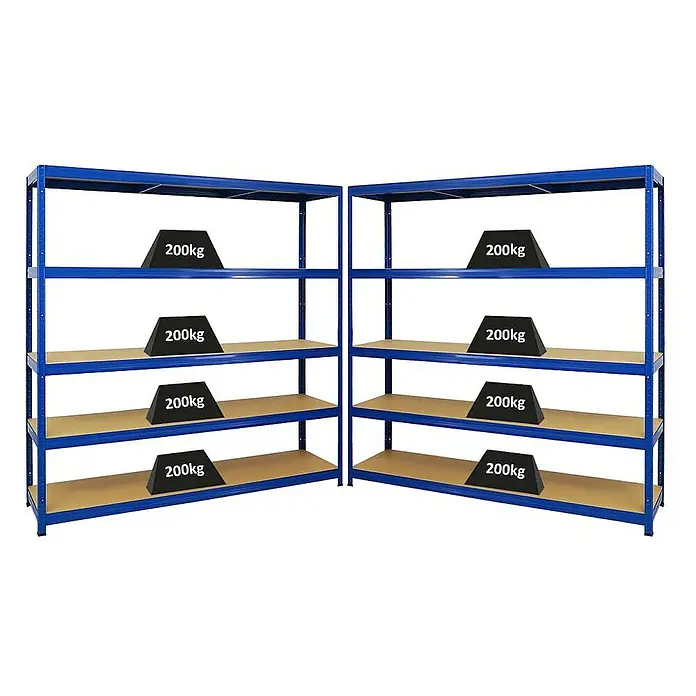 Proregal Schwerlastregal Mega Deal Giant Elephant - H x B x T: 180 x 180 x 45 cm, Traglast pro Boden: 200 kg, Anzahl Böden: 5 Stk., Stecken, Blau - Zwei blaue Schwerlastregale mit Holzböden und Gewichten von 200 kg pro Ebene für Lagerung.