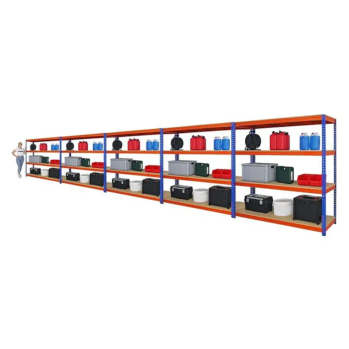 Proregal Schwerlastregal Mega Deal BISON - H x B x T: 200 x 200 x 60 cm, Traglast pro Boden: 600 kg, Anzahl Böden: 4 Stk., Stecken, Blau-Orange - Lagerregal mit vier Ebenen, gefüllt mit verschiedenen Behältern und Kanistern, ideal zur Organisation und Aufbewahrung in Werkstatt oder Lagerraum.
