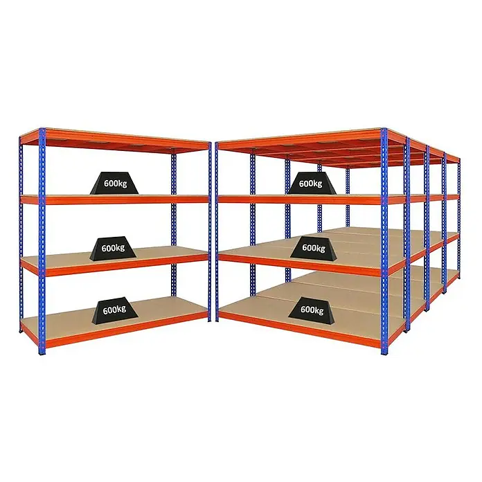Proregal Schwerlastregal Mega Deal BISON - H x B x T: 200 x 200 x 60 cm, Traglast pro Boden: 600 kg, Anzahl Böden: 4 Stk., Stecken, Blau-Orange - Orangefarbenes Schwerlastregal mit blauen Ständern, das mit Gewichten von 600 kg belastet ist. Ideal für die Lagerhaltung.