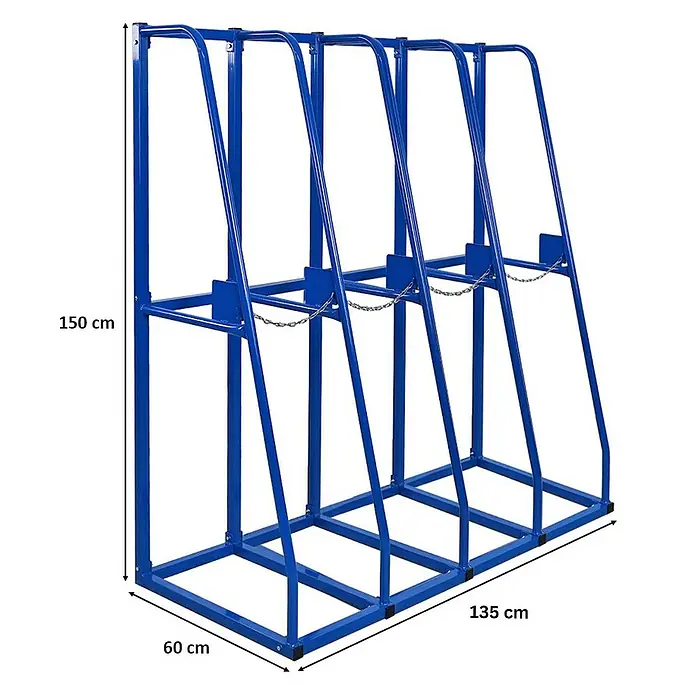 Proregal Kragarmregal Vertikalregal RHINO - H x B x T: 150 x 135 x 60 cm, Schrauben, Blau - Produktfoto eines blauen Gerätehalters mit den Maßen 150 cm Höhe, 60 cm Tiefe und 135 cm Breite.