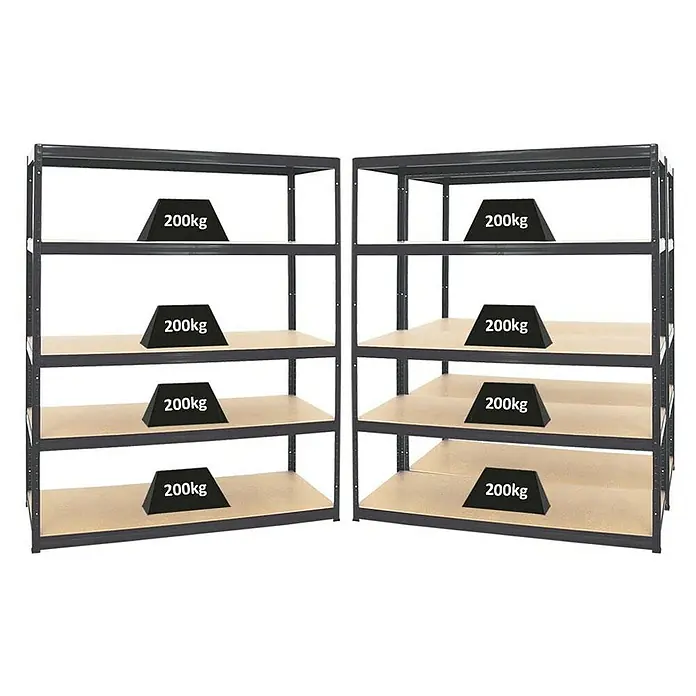 Proregal Schwerlastregal Mega Deal Giant Elephant - H x B x T: 180 x 150 x 60 cm, Traglast pro Boden: 200 kg, Anzahl Böden: 5 Stk., Stecken, Schwarz - Abbildung von zwei Metallregalen mit je fünf Regalböden, die jeweils mit einem Gewicht von 200 kg belastet sind.