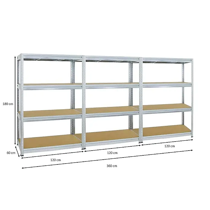 Proregal Schwerlastregal Mega Deal DINO - H x B x T: 180 x 120 x 60 cm, Traglast pro Boden: 600 kg, Anzahl Böden: 4 Stk., Stecken, Verzinkt - Abbildung eines großen, silbernen Regalsystems mit vier Regalebenen. Die Maße sind angegeben.