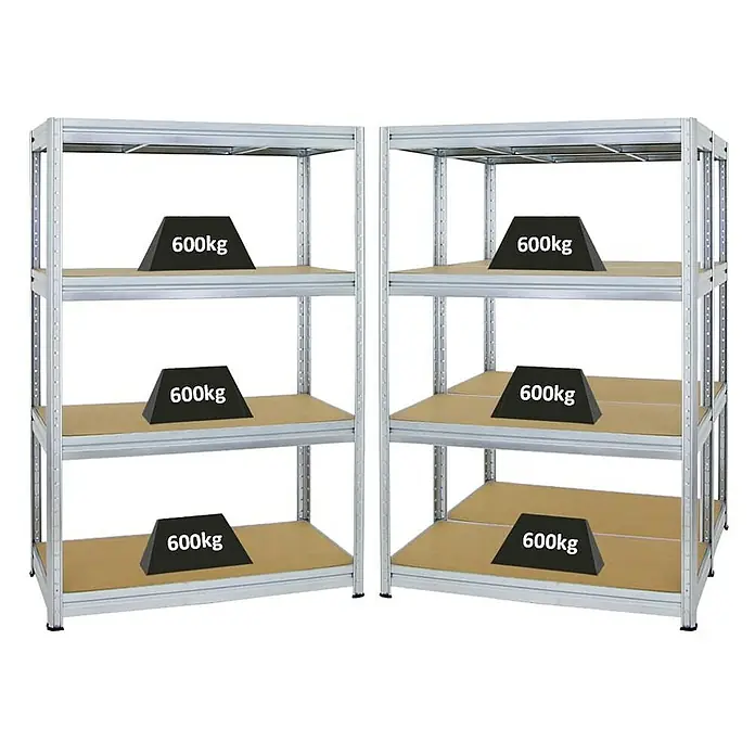 Proregal Schwerlastregal Mega Deal DINO - H x B x T: 180 x 120 x 60 cm, Traglast pro Boden: 600 kg, Anzahl Böden: 4 Stk., Stecken, Verzinkt - Produktansicht von zwei silbernen Schwerlastregalen mit je drei Ablagen und jeweils 600kg Gewicht auf jeder Ablage.