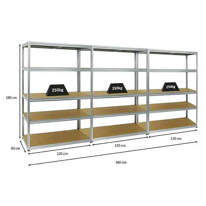 Proregal Schwerlastregal Mega Deal Big Elephant M - Traglast pro Boden: 250 kg, Anzahl Böden: 5 Stk., Stecken, Verzinkt - Abbildung eines stabilen Metallregalsystems mit Holzböden, ideal für Lagerung und Organisation. Das Regal ist belastbar mit bis zu 250kg pro Ebene.