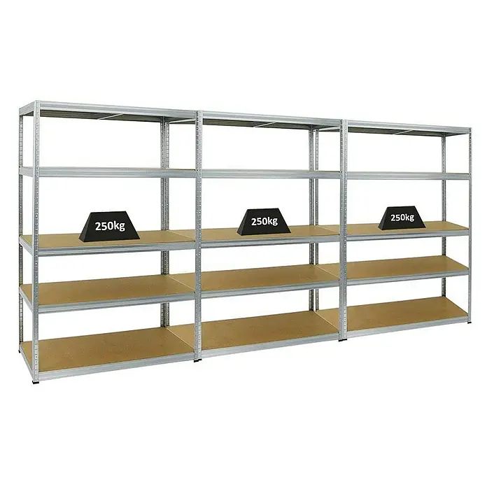 Proregal Schwerlastregal Mega Deal Big Elephant M - Traglast pro Boden: 250 kg, Anzahl Böden: 5 Stk., Stecken, Verzinkt - Metallregal mit drei Ebenen und einer Belastung von 250 kg pro Ebene, ideal für Lagerung und Organisation.