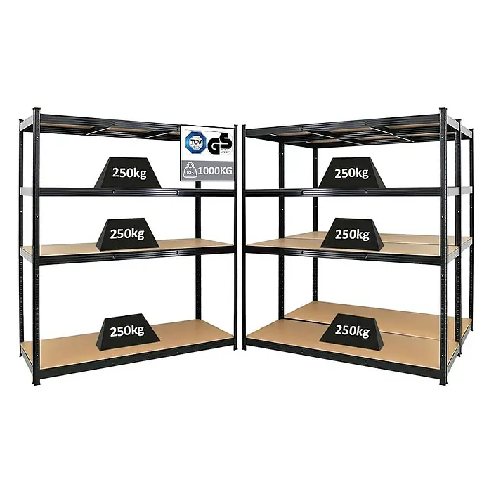 Proregal Schwerlastregal Mega Deal TAURUS - Traglast pro Boden: 250 kg, Anzahl Böden: 5 Stk., Stecken, Schwarz - Bild von zwei Regalen mit den Aufschriften 250kg und 1000kg und den TÜV- und GS-Siegeln.