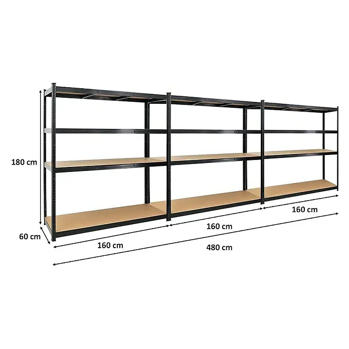 Proregal Schwerlastregal Mega Deal TAURUS - Traglast pro Boden: 250 kg, Anzahl Böden: 5 Stk., Stecken, Schwarz - Regal mit vier Ebenen, 180 cm hoch, 60 cm tief und 480 cm breit. Viel Stauraum für Lager und Werkstatt.