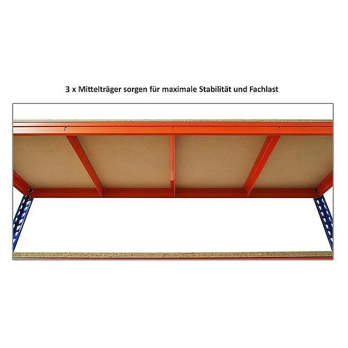 Proregal Schwerlastregal Mega Deal BISON - H x B x T: 200 x 200 x 60 cm, Traglast pro Boden: 600 kg, Anzahl Böden: 5 Stk., Stecken, Blau-Orange - Das Bild zeigt ein Schwerlastregal mit drei Mittelträgern, die für Stabilität und Tragfähigkeit sorgen.