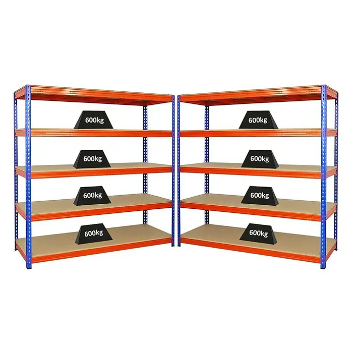 Proregal Schwerlastregal Mega Deal BISON - H x B x T: 200 x 200 x 60 cm, Traglast pro Boden: 600 kg, Anzahl Böden: 5 Stk., Stecken, Blau-Orange - Regale mit vier Ablagen, von denen jede mit einem 600 kg schweren Gewicht belastet ist. Robustes Lagerregalsystem für schwere Lasten.