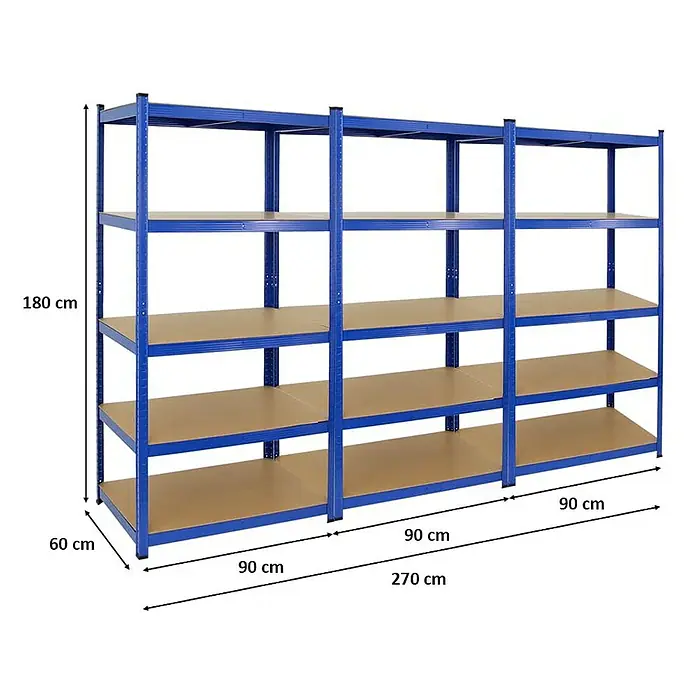Proregal Schwerlastregal Mega Deal TAURUS - H x B x T: 180 x 90 x 60 cm, Traglast pro Boden: 175 kg, Anzahl Böden: 5 Stk., Stecken, Blau - Regal mit 4 Ebenen, blauem Metallrahmen und braunen Regalböden, Maße 180x270x60 cm, ideal für Lagerung.