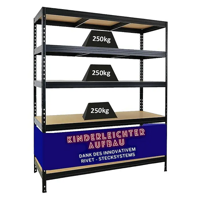 Proregal Schwerlastregal Rivet - H x B x T: 180 x 150 x 60 cm, Traglast pro Boden: 250 kg, Anzahl Böden: 5 Stk., Stecken, Schwarz - Das Bild zeigt ein Schwerlastregal mit vier Ebenen, von denen jede mit 250 kg belastet ist. Einfacher Aufbau durch Rivet-Stecksystem.