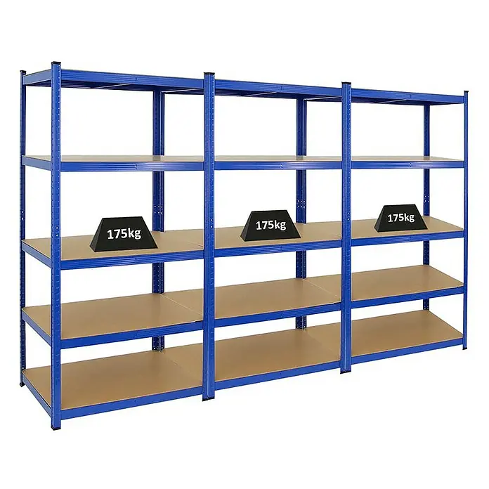 Proregal Schwerlastregal Mega Deal TAURUS - H x B x T: 180 x 90 x 60 cm, Traglast pro Boden: 175 kg, Anzahl Böden: 5 Stk., Stecken, Blau - Ein blaues Schwerlastregal mit mehreren Böden, auf denen Gewichte von je 175 kg platziert sind, was die Tragfähigkeit des Regals demonstriert.