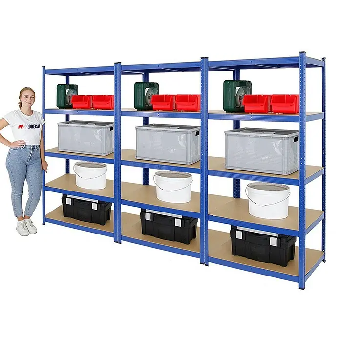 Proregal Schwerlastregal Mega Deal TAURUS 3 Stück - Traglast pro Boden: 175 kg, Anzahl Böden: 5 Stk., Stecken, Blau - Lagerregal mit vier Ebenen, gefüllt mit Behältern, Eimern und Boxen, ideal für Ordnung und Stauraum im Keller oder der Garage.