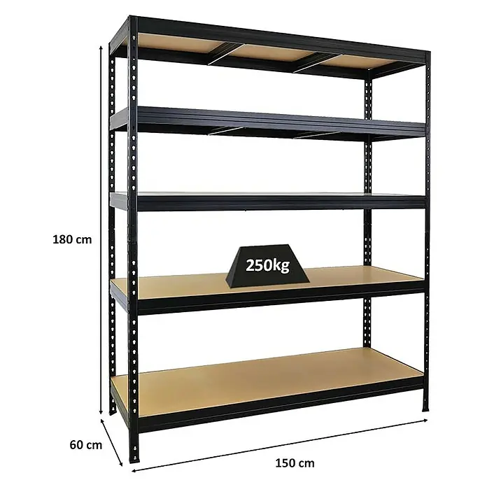 Proregal Schwerlastregal Rivet - H x B x T: 180 x 150 x 60 cm, Traglast pro Boden: 250 kg, Anzahl Böden: 5 Stk., Stecken, Schwarz - Regal mit 5 Böden, ideal für Lagerung und Organisation, Abmessungen 180x150x60 cm, maximale Belastung 250 kg.