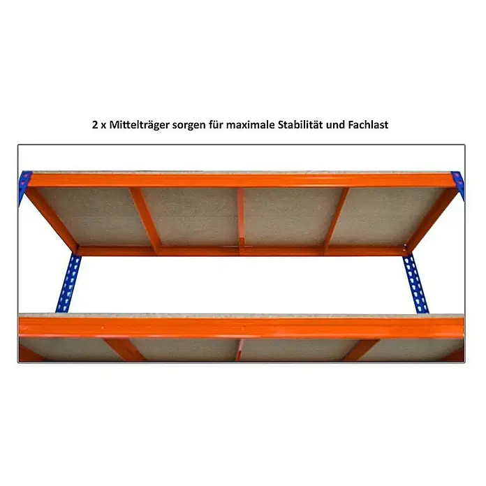 Proregal Schwerlastregal BISON - H x B x T: 200 x 200 x 60 cm, Traglast pro Boden: 600 kg, Anzahl Böden: 4 Stk., Stecken, Blau-Orange - Regale mit stabilen orangefarbenen Trägern und blauen Eckverbindungen für maximale Stabilität und hohe Belastbarkeit.