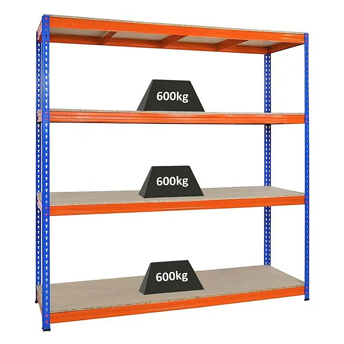 Proregal Schwerlastregal BISON - H x B x T: 200 x 200 x 60 cm, Traglast pro Boden: 600 kg, Anzahl Böden: 4 Stk., Stecken, Blau-Orange - Regal mit drei Ebenen, jede Ebene belastet mit einem Gewicht von 600 kg.