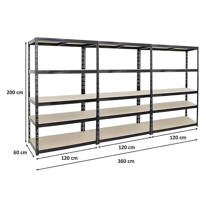 Proregal Schwerlastregal Mega Deal Giant Tiger - Traglast pro Boden: 265 kg, Anzahl Böden: 5 Stk., Stecken, Schwarz - Produktansicht: Ein Regal mit vier Ebenen, ideal für Lagerung und Organisation, Maße: 200 cm Höhe, 360 cm Breite und 60 cm Tiefe.