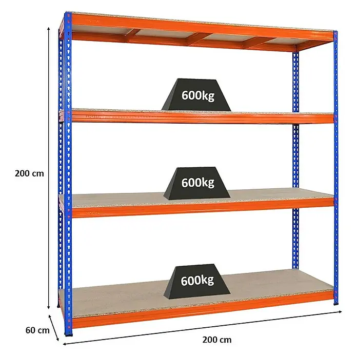 Proregal Schwerlastregal BISON - H x B x T: 200 x 200 x 60 cm, Traglast pro Boden: 600 kg, Anzahl Böden: 4 Stk., Stecken, Blau-Orange - Ein robustes Schwerlastregal mit vier Ebenen, ideal für Lagerung, belastbar mit 600 kg pro Ebene.