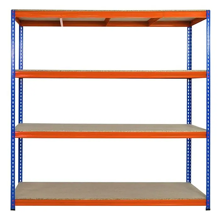 Proregal Schwerlastregal BISON - H x B x T: 200 x 200 x 60 cm, Traglast pro Boden: 600 kg, Anzahl Böden: 4 Stk., Stecken, Blau-Orange - Abbildung eines stabilen Lagerregals mit vier Regalböden, ideal für die Organisation von Lager- und Arbeitsbereichen.