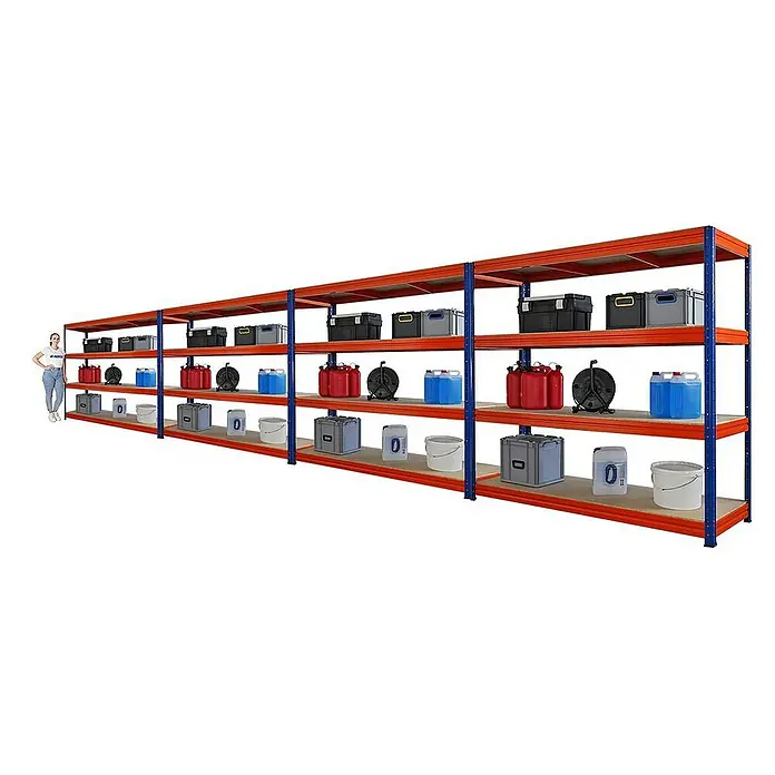 Proregal Schwerlastregal Mega Deal DINO - H x B x T: 180 x 200 x 60 cm, Traglast pro Boden: 500 kg, Anzahl Böden: 4 Stk., Stecken, Blau-Orange - Aufnahme des Schwerlastregals mit robusten Regalböden, ideal für Lagerung. Stabile Konstruktion für hohe Lasten in Werkstatt, Garage oder Lagerraum.
