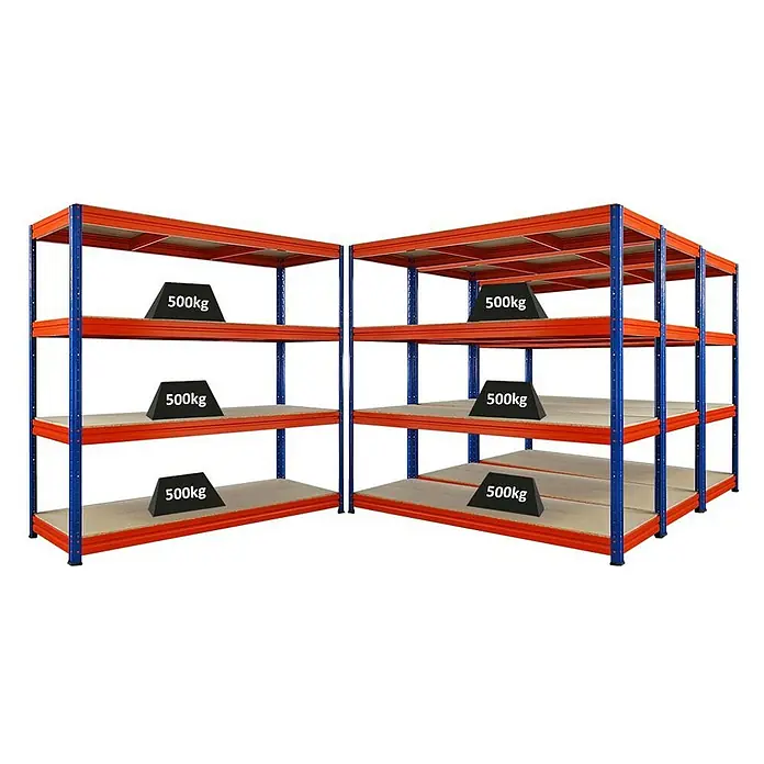 Proregal Schwerlastregal Mega Deal DINO - H x B x T: 180 x 200 x 60 cm, Traglast pro Boden: 500 kg, Anzahl Böden: 4 Stk., Stecken, Blau-Orange - Lagerregale mit vier Ebenen, belastet mit Gewichten, robust und stabil für schwere Lasten in Lager und Werkstatt.