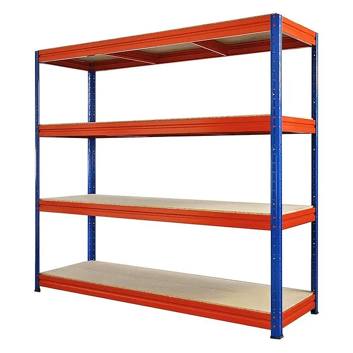 Proregal Schwerlastregal Mega Deal DINO - H x B x T: 180 x 200 x 60 cm, Traglast pro Boden: 500 kg, Anzahl Böden: 4 Stk., Stecken, Blau-Orange - Das Bild zeigt ein blaues Metallregal mit vier Regalböden, die mit Spanplatten ausgelegt sind. Das Regal ist robust und bietet viel Stauraum.
