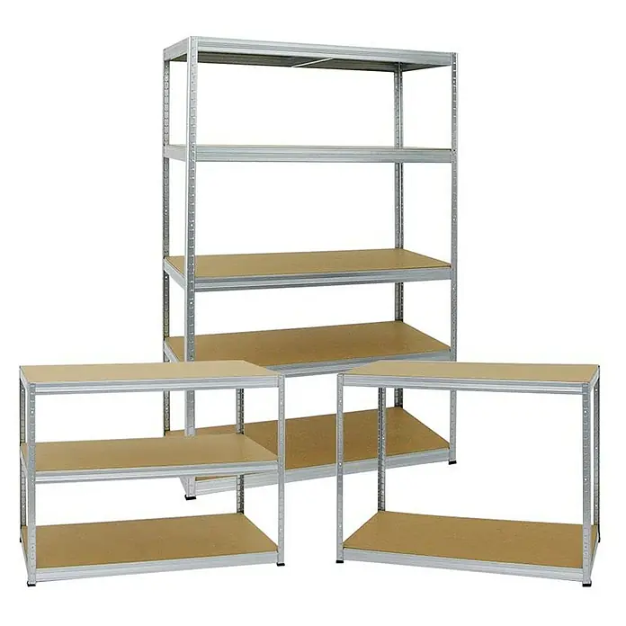 Proregal Schwerlastregal Mega Deal Big Elephant M - H x B x T: 180 x 120 x 60 cm, Traglast pro Boden: 250 kg, Anzahl Böden: 5 Stk., Stecken, Verzinkt - Mehrere silberne Metallregale mit Holzregalböden in verschiedenen Größen für Lagerung & Organisation.