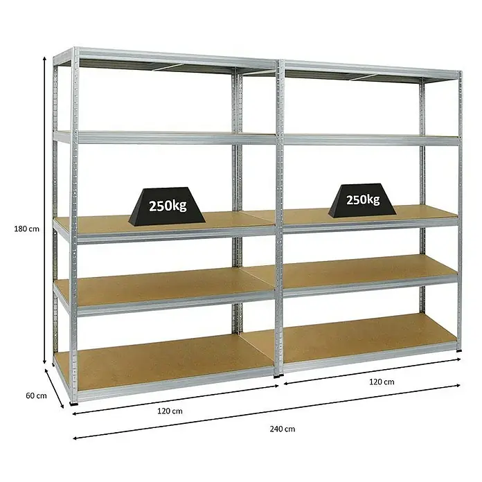 Proregal Schwerlastregal Mega Deal Big Elephant M - H x B x T: 180 x 120 x 60 cm, Traglast pro Boden: 250 kg, Anzahl Böden: 5 Stk., Stecken, Verzinkt - Abbildung eines Schwerlastregals mit 5 Böden. Die maximale Tragkraft pro Boden beträgt 250 kg, die Abmessungen sind 180x240x60 cm.