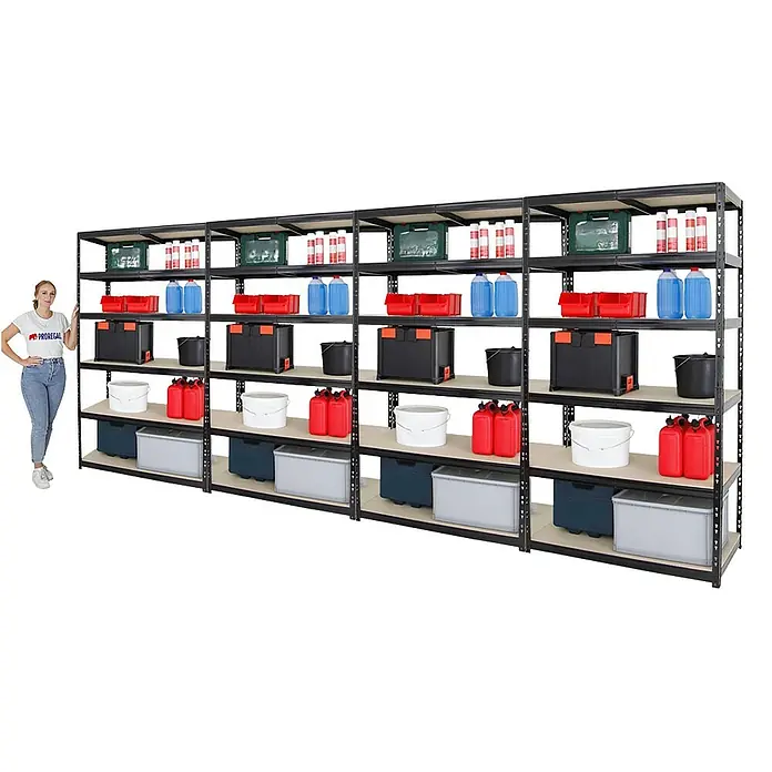 Proregal Schwerlastregal Mega Deal Giant Tiger XL - Traglast pro Boden: 265 kg, Anzahl Böden: 6 Stk., Stecken, Schwarz - Regal mit fünf Ebenen und diversen Boxen und Behältern, ideal für Lagerung und Ordnung.